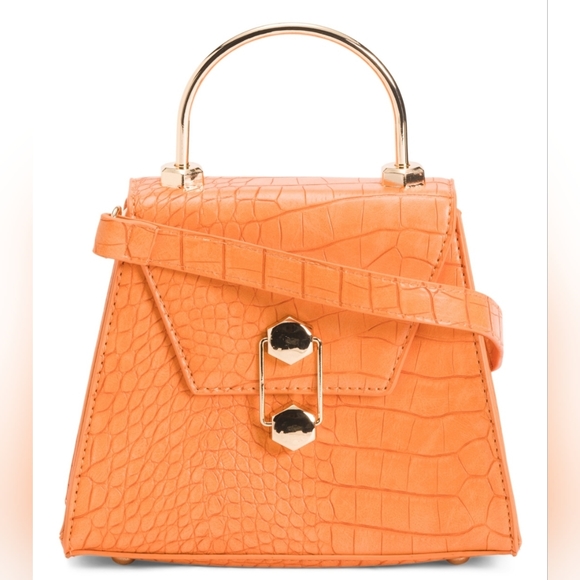 BADGLEY MISCHKA  Trapezoid Matte Croco Flap Over Crossbody bag, orange,NWT - Picture 1 of 17